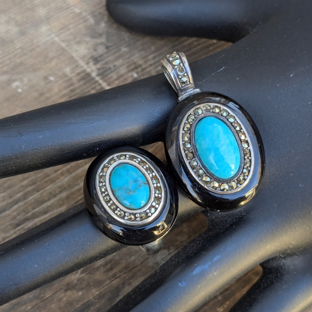 Turquoise and Marcasite Cocktail Ring Pendant Set - Picture 8 of 9